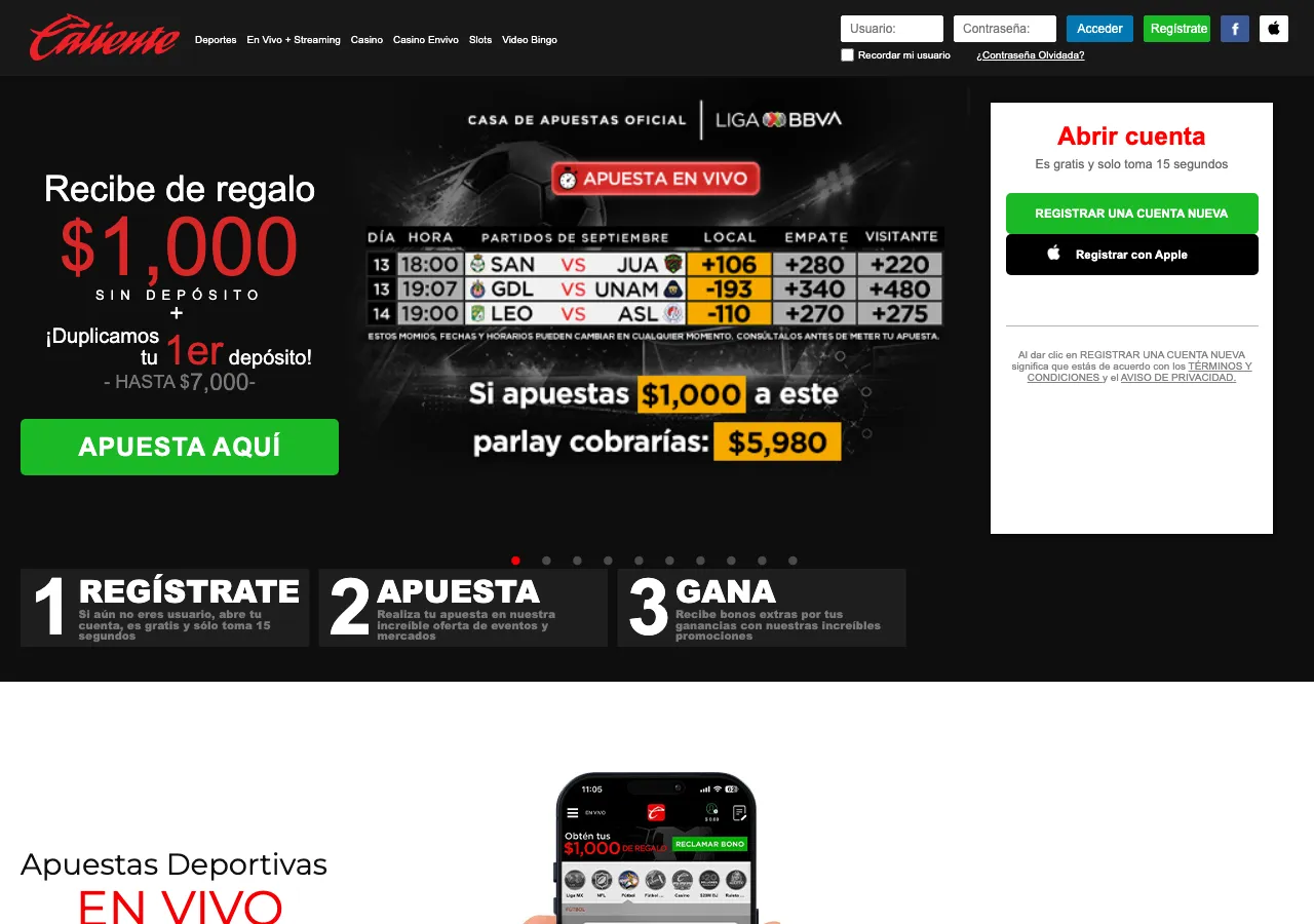 Portada de Caliente.mx con 1,000 de regalo sin depósito y duplica el primer depósito hasta 7,000