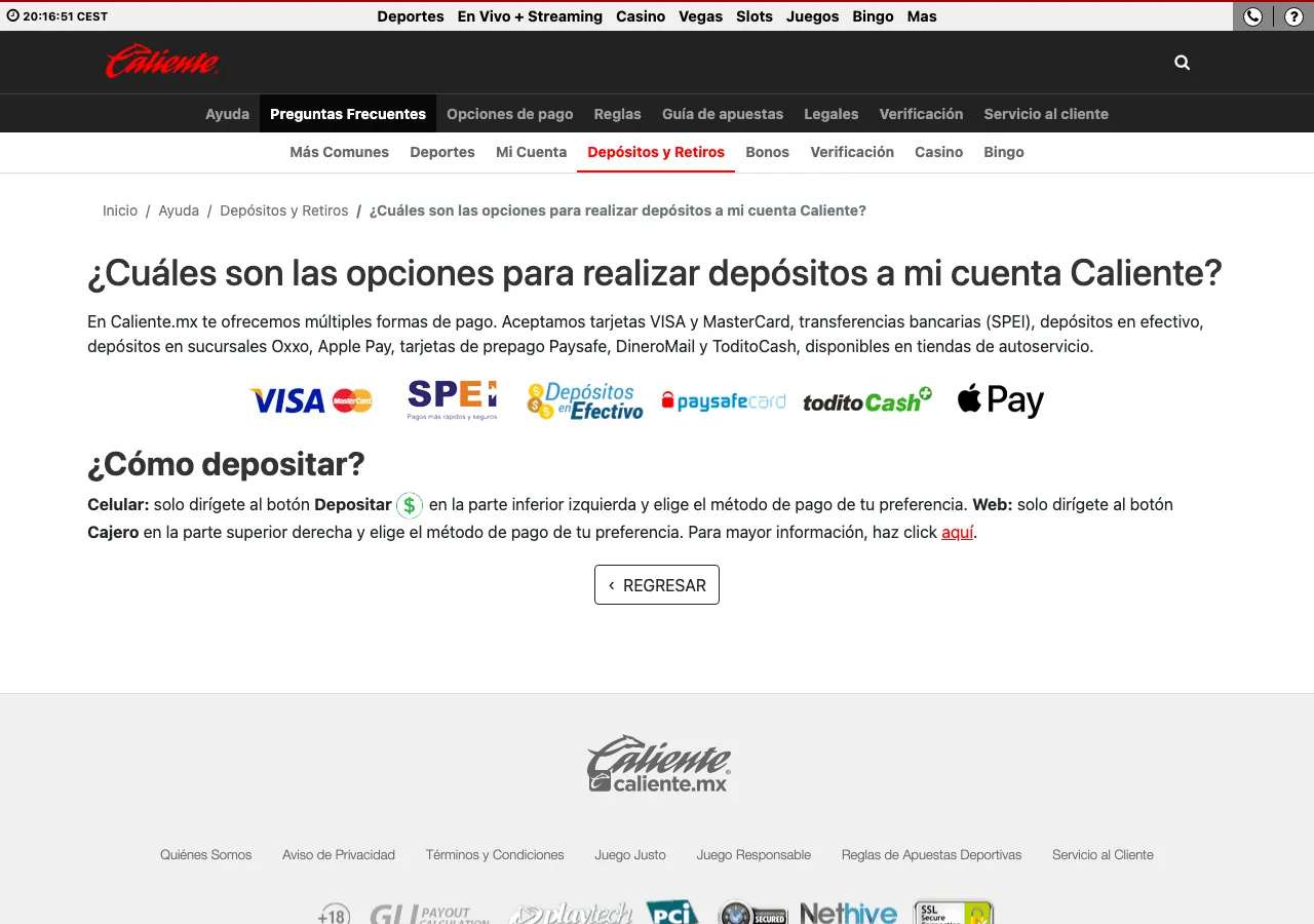 Ayuda de Caliente.mx con opciones de depósito: Visa, Mastercard, SPEI, Oxxo, Paysafe, ToditoCash y Apple Pay
