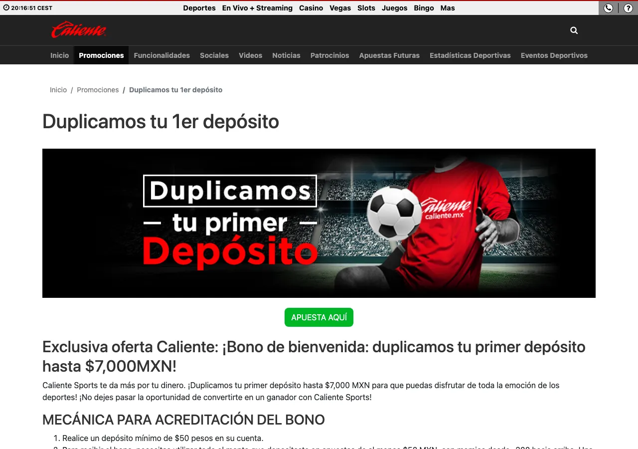 Página de Caliente.mx del bono Duplicamos tu 1er depósito, hasta 7,000 MXN