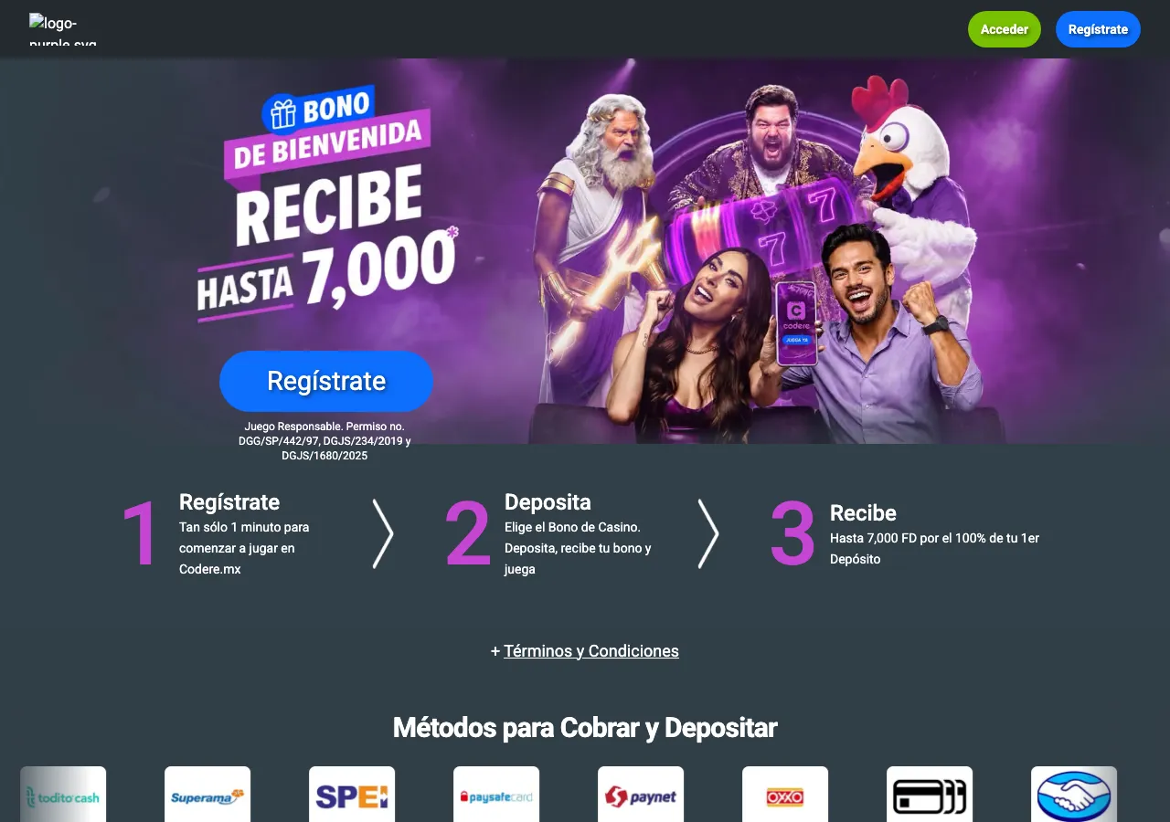 Landing de casino de Codere México con el bono de bienvenida de hasta 7,000 y métodos para cobrar y depositar