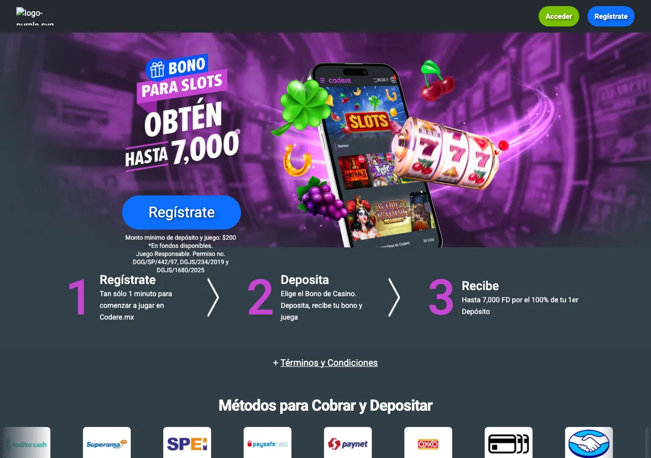 Landing del bono para slots de Codere México, con hasta 7,000, depósito mínimo de 200 y permiso DGG/SP/442/97