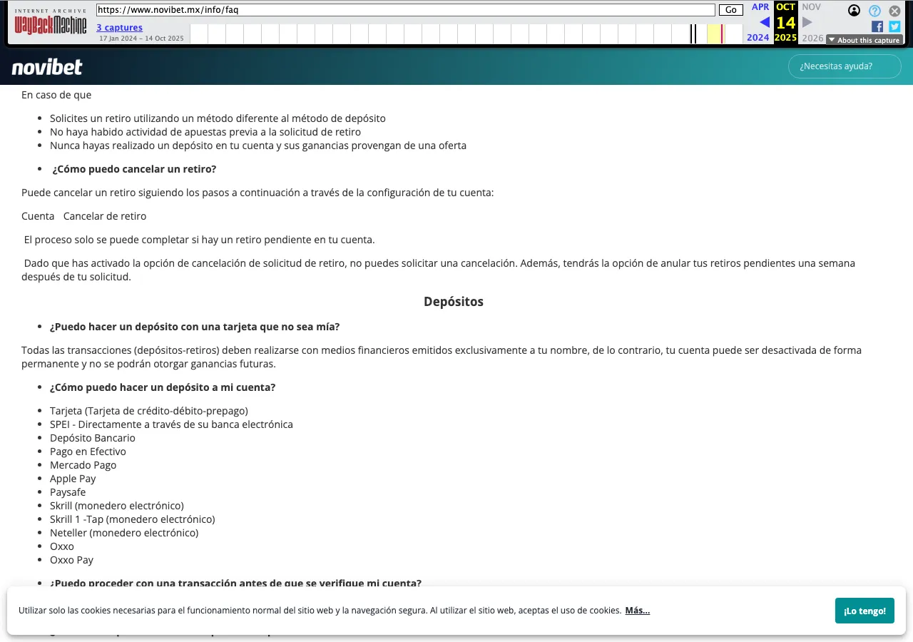 Preguntas frecuentes de Novibet archivadas con la lista de métodos de depósito: tarjeta, SPEI, Mercado Pago, OXXO y monederos
