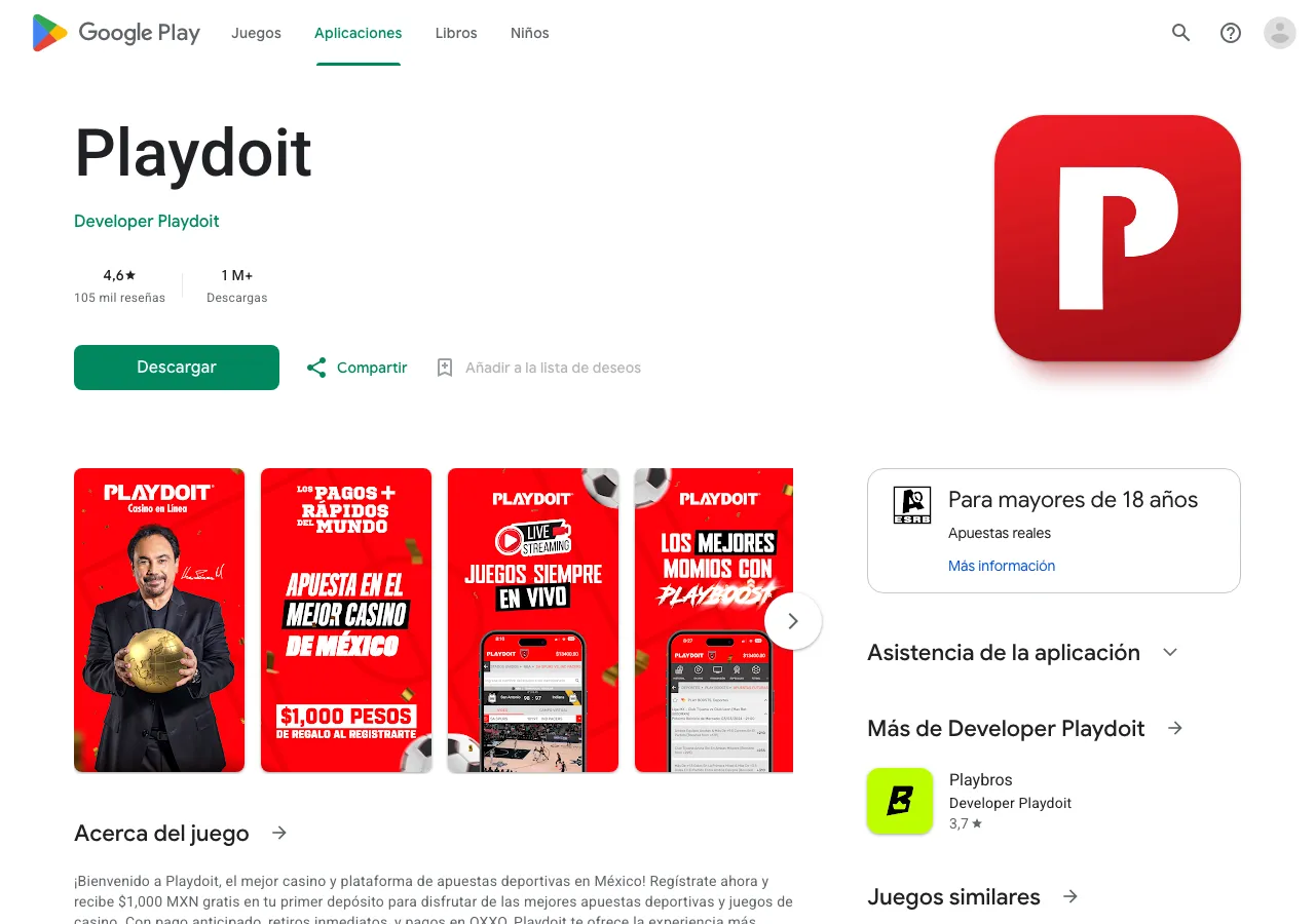 Ficha pública de Google Play de Playdoit, con bono de $1,000 MXN, pagos en OXXO y clasificación 18+