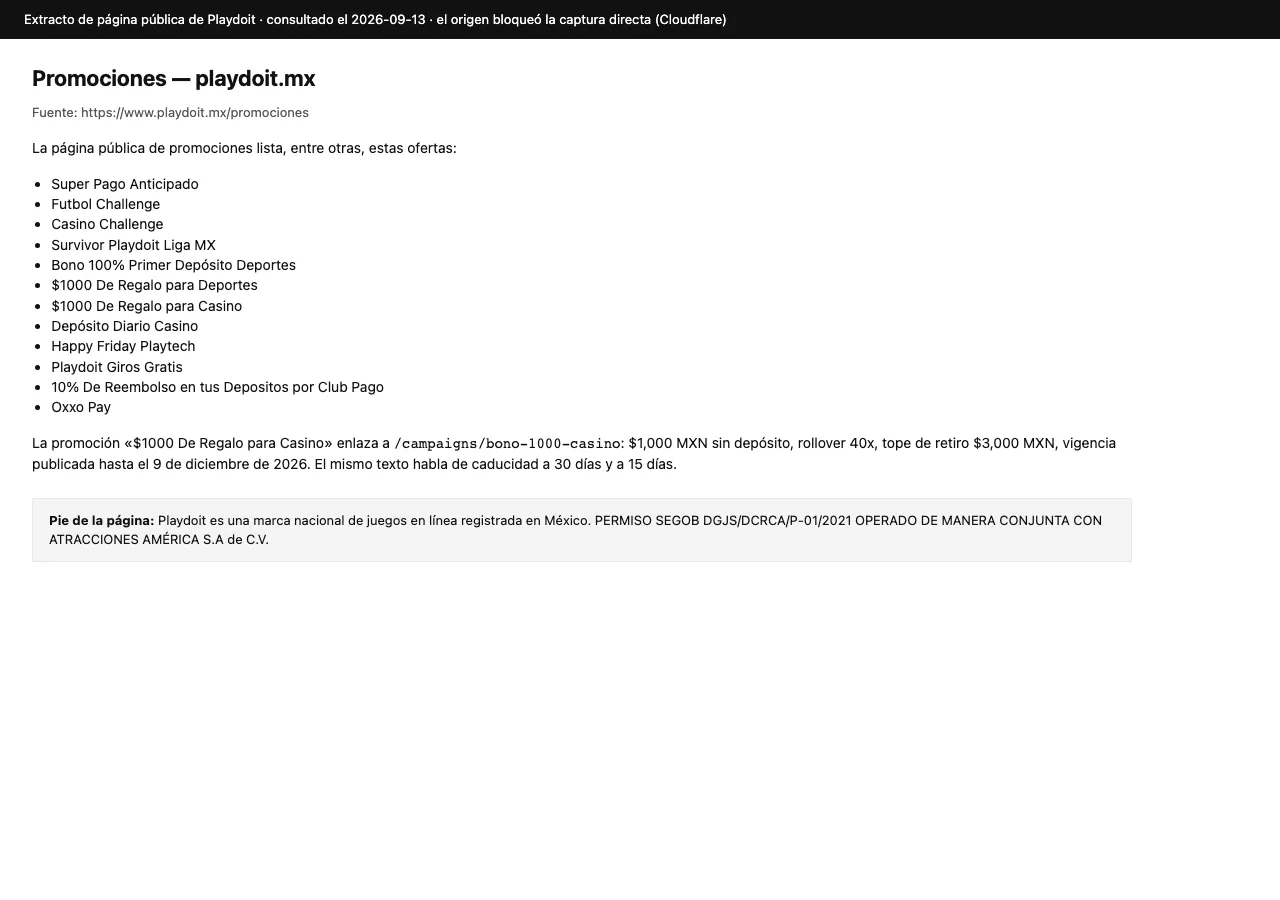 Extracto de la página pública de promociones de Playdoit.mx, con el permiso DGJS/DCRCA/P-01/2021 en el pie; el origen bloqueó la captura directa