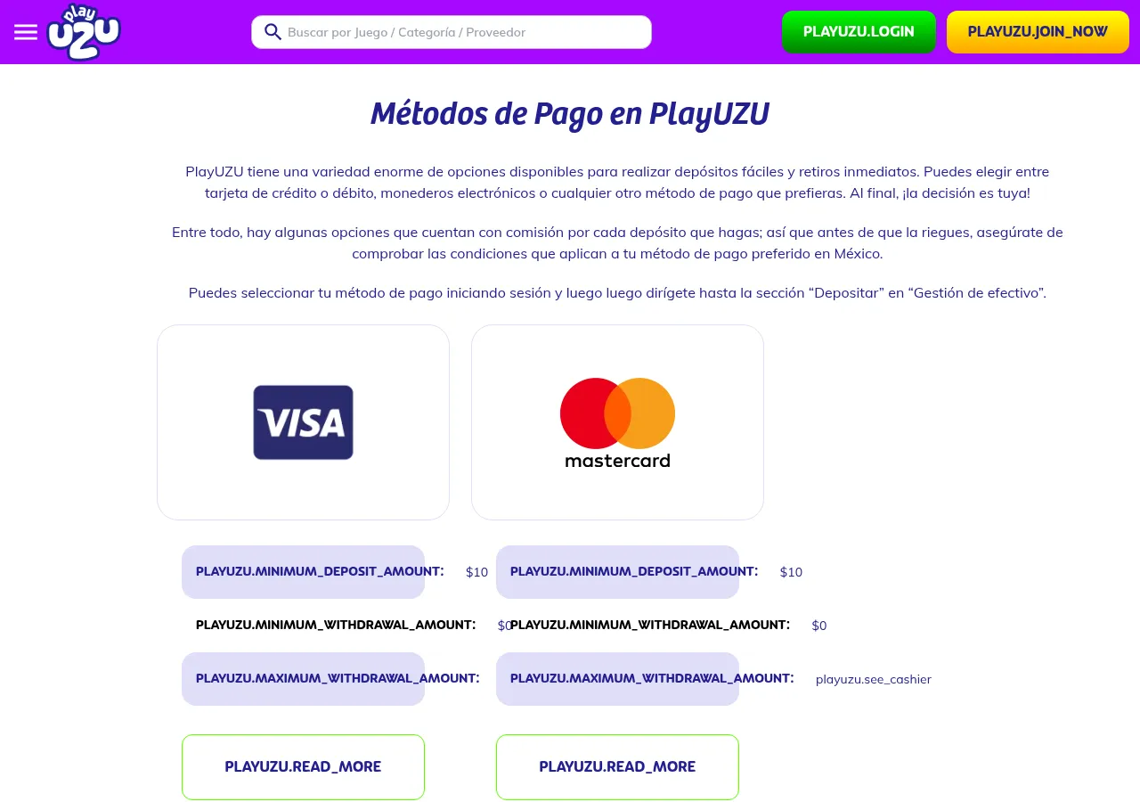 Página pública de métodos de pago de PlayUZU México