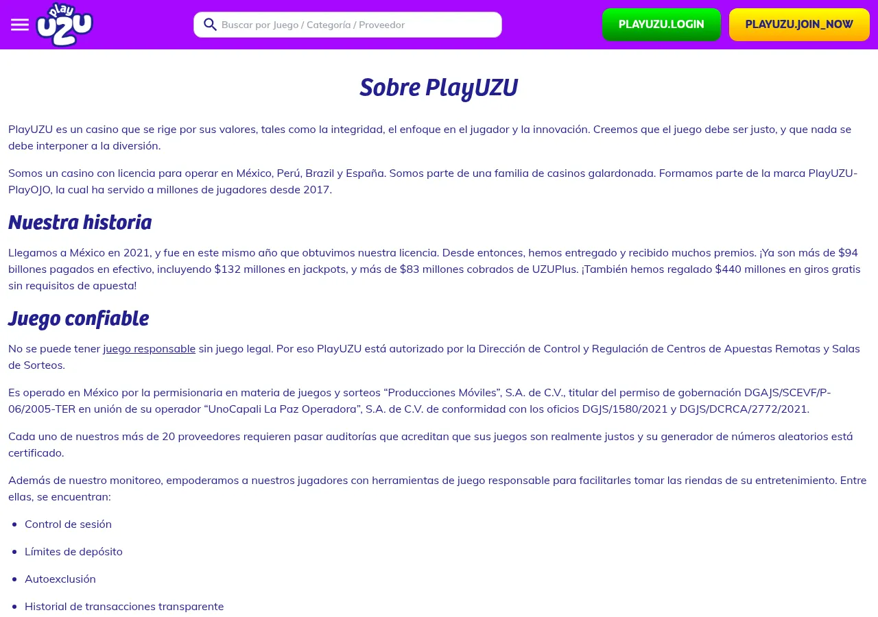 Página pública Quiénes somos de PlayUZU México, con permisionaria, operador y permiso DGAJS/SCEVF/P-06/2005-TER