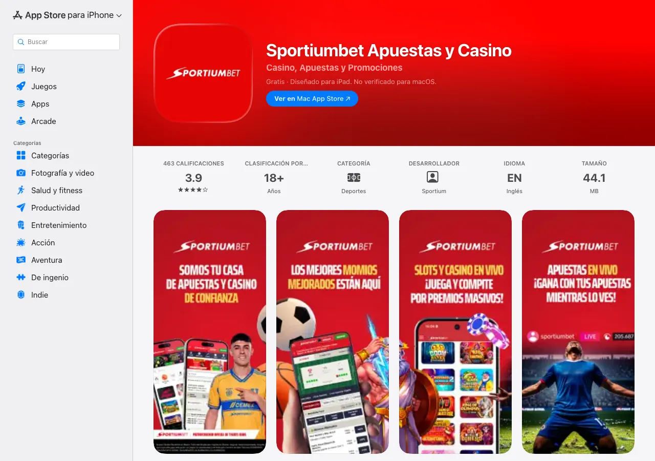 Ficha pública de App Store México de Sportiumbet Apuestas y Casino, con creatividades de casino, slots y apuestas en vivo