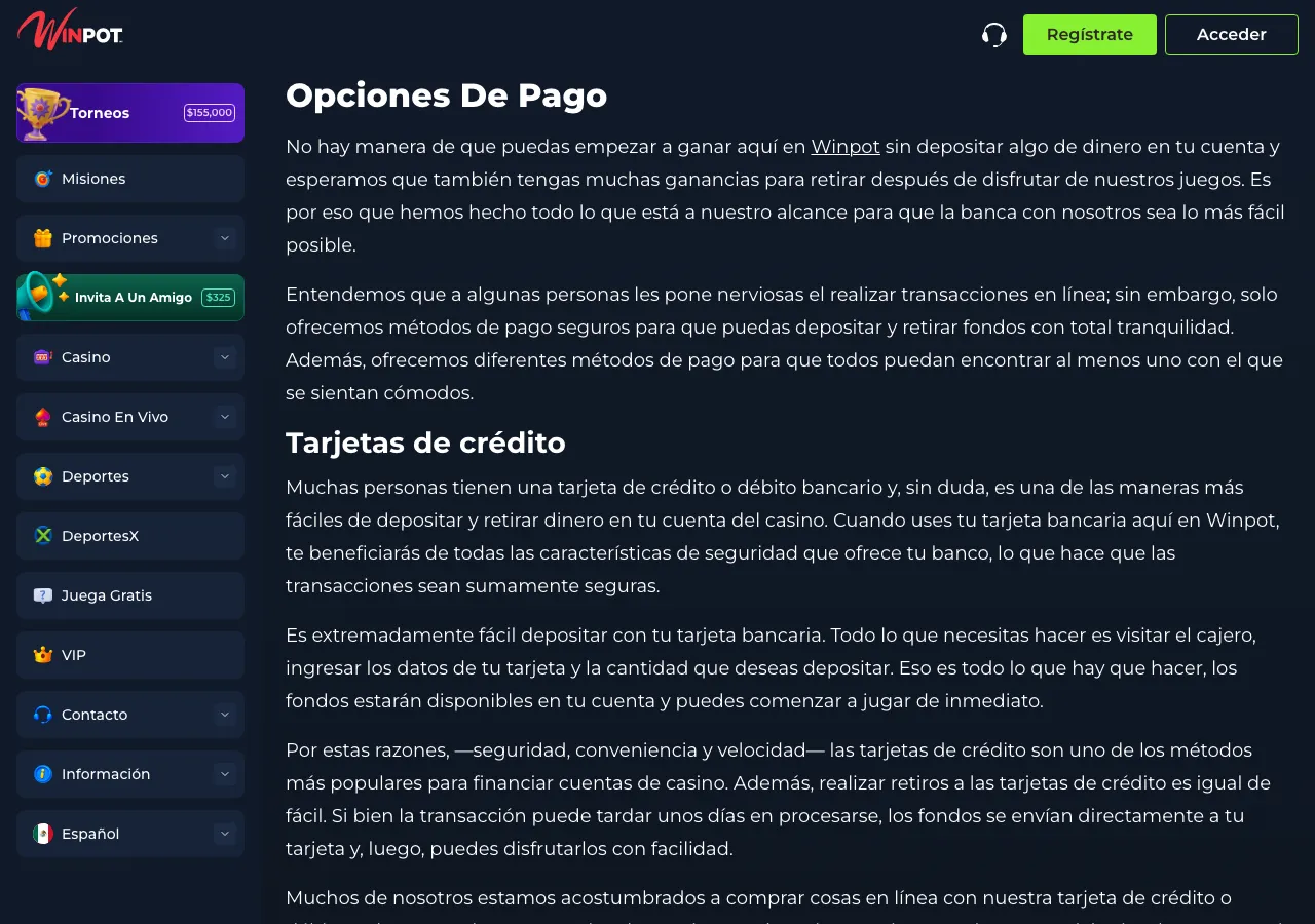 Página de opciones de pago de Winpot con tarjetas, SPEI y OXXO